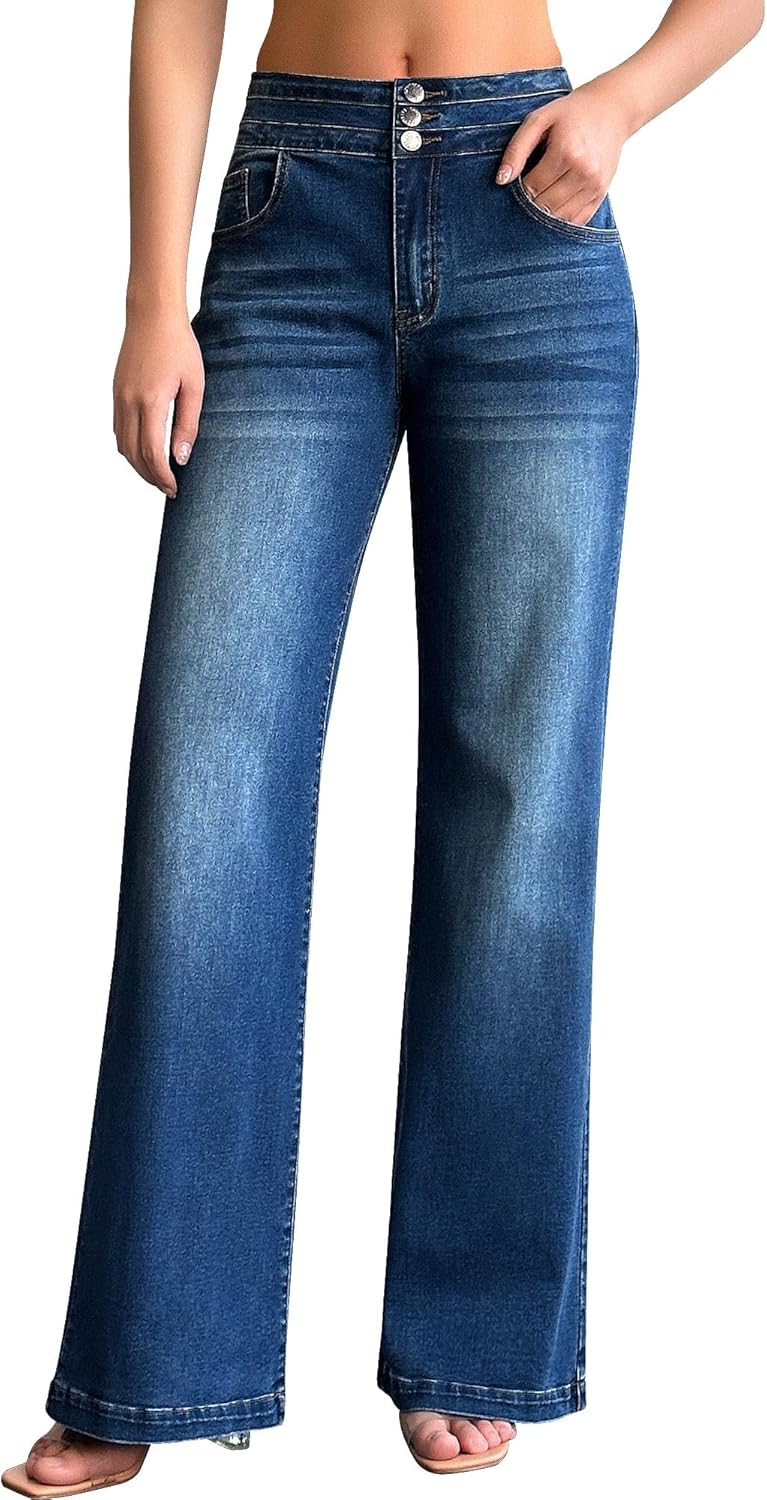 Women’s Wide Leg Jeans Casual High Waisted Stretch Baggy Loose Denim Pants