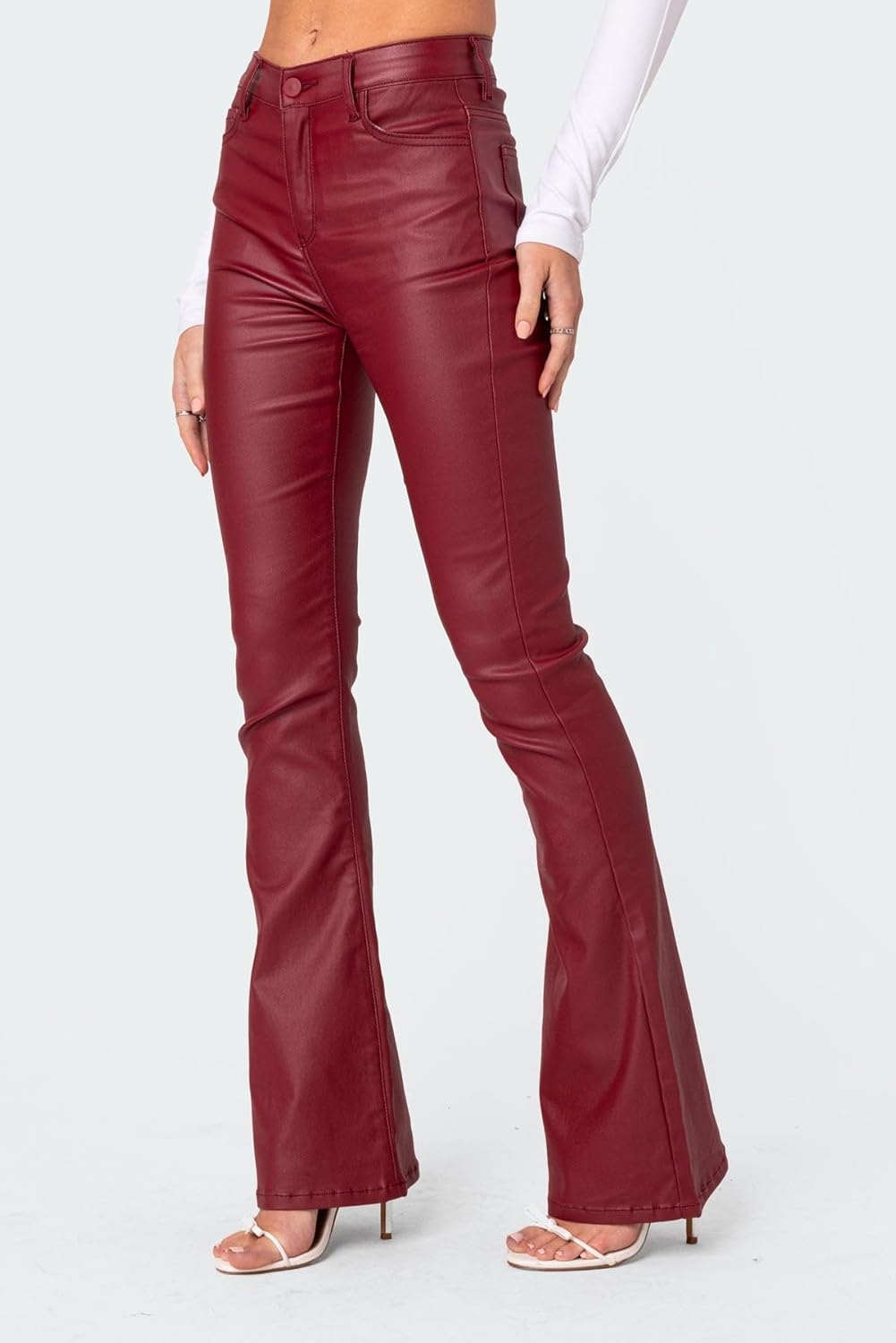 Women Faux Leather Flare Pants High Waisted Skinny Bell Bottoms Leggings Trendy Bootcut Pants with Slant Pocket
