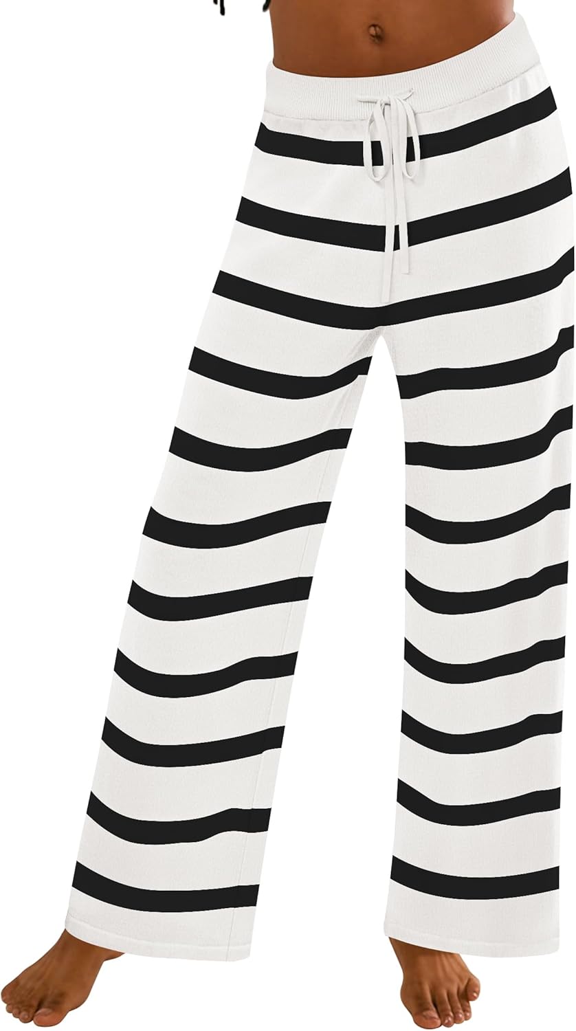 Womens Casual Striped Wide Leg Pants Elastic Waist Drawstring Knit Loose Soft Pajama Lounge Pants Fall Clothes