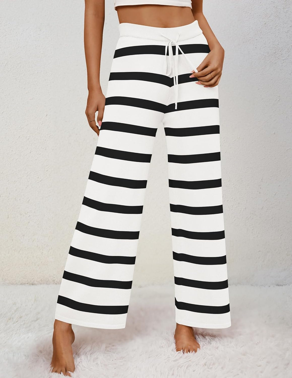 Womens Casual Striped Wide Leg Pants Elastic Waist Drawstring Knit Loose Soft Pajama Lounge Pants Fall Clothes